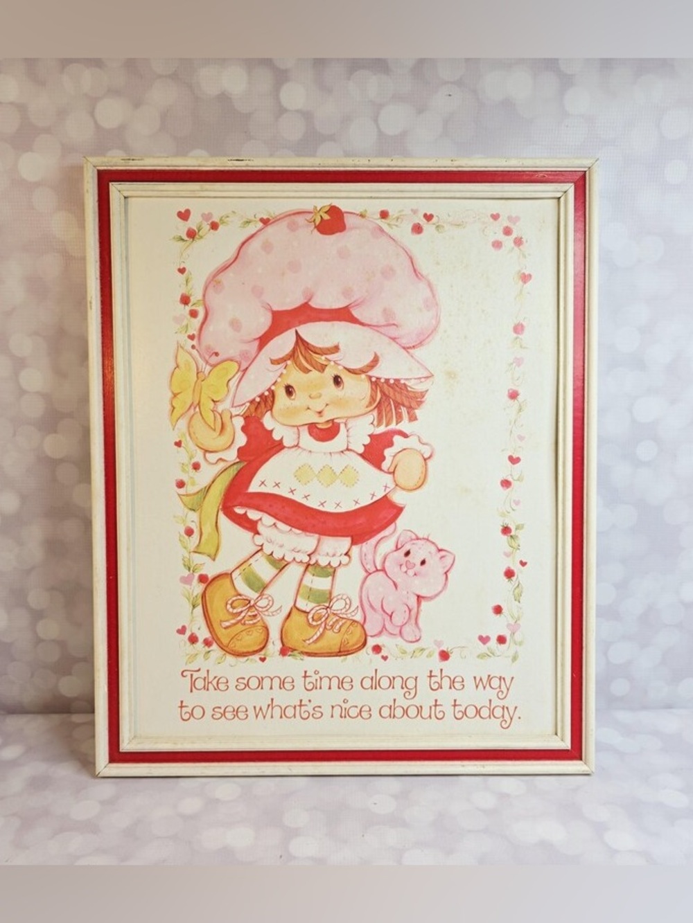 Vintage Strawberry Shortcake Take Time Framed Picture 1980 Retro Wall Decor Cat